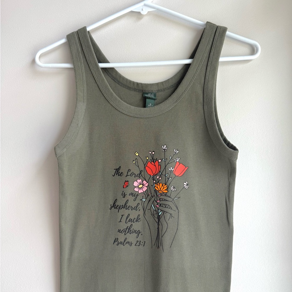 Olive Green Tank Top with Floral Design